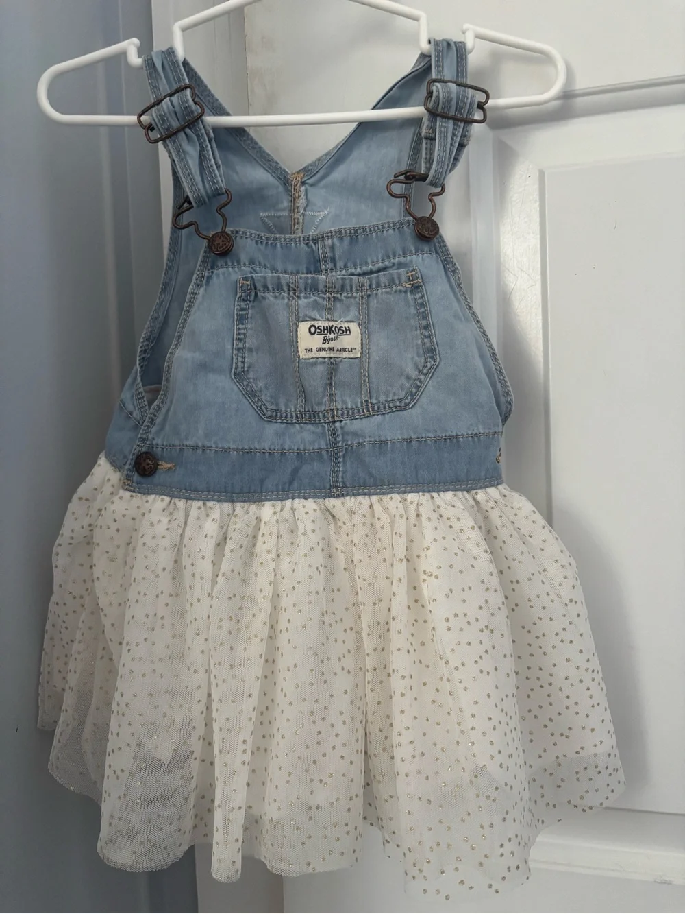 OshKosh B'gosh Light Blue Denim Overall Dress with Cream Tulle Skirt gold accent